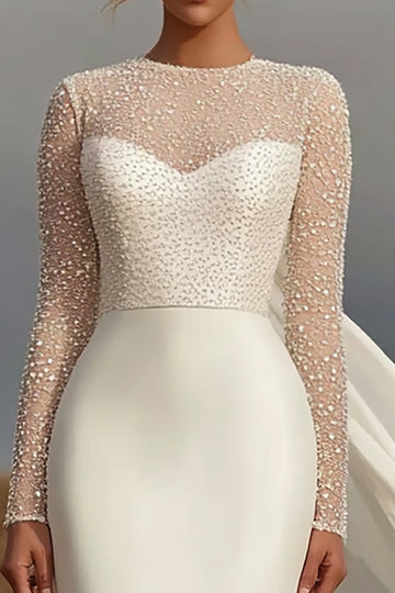 Ivory Sheath Satin Round Neck Long Sleeve Wedding Dress with Streamer